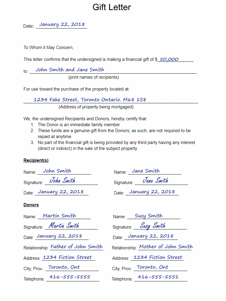 Sample Gift Letter